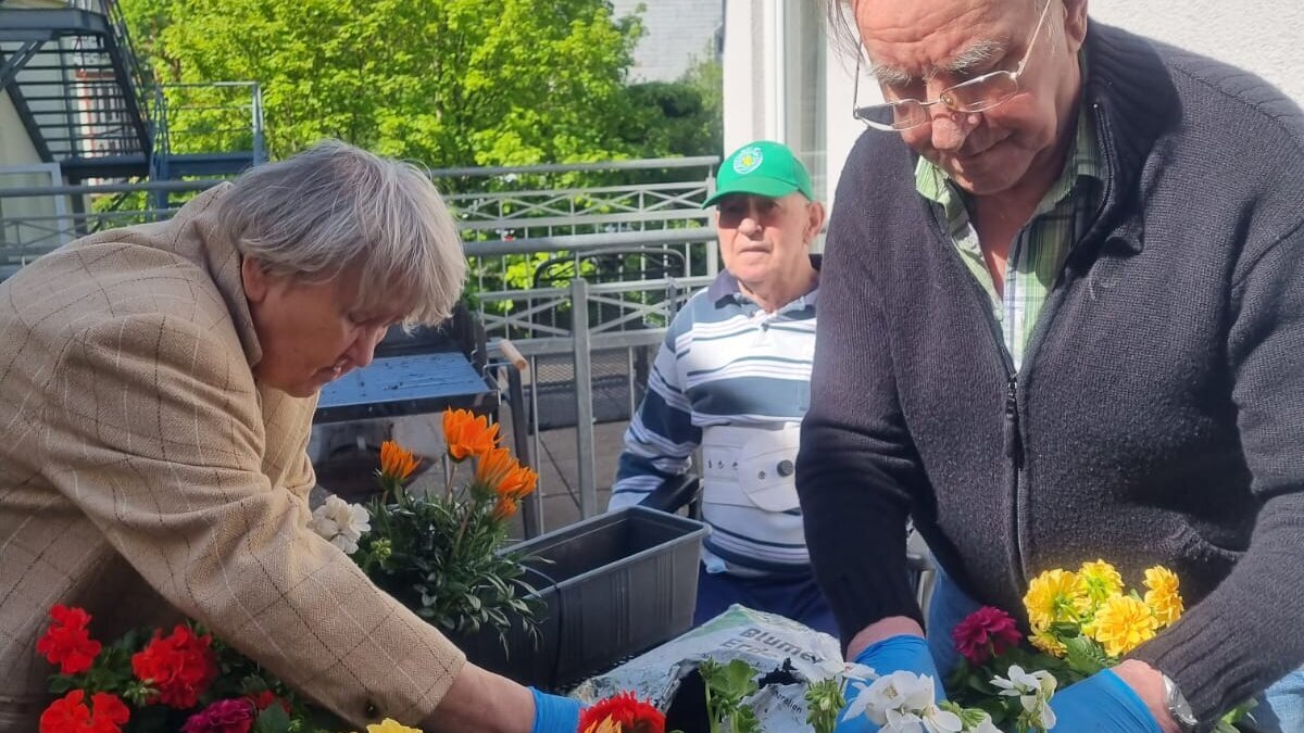 Bewohner bepflanzen Blumenkästen